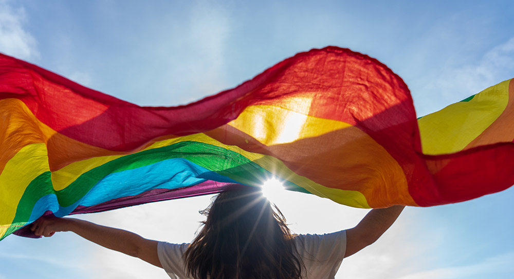 A person holds a rainbow flag above their head