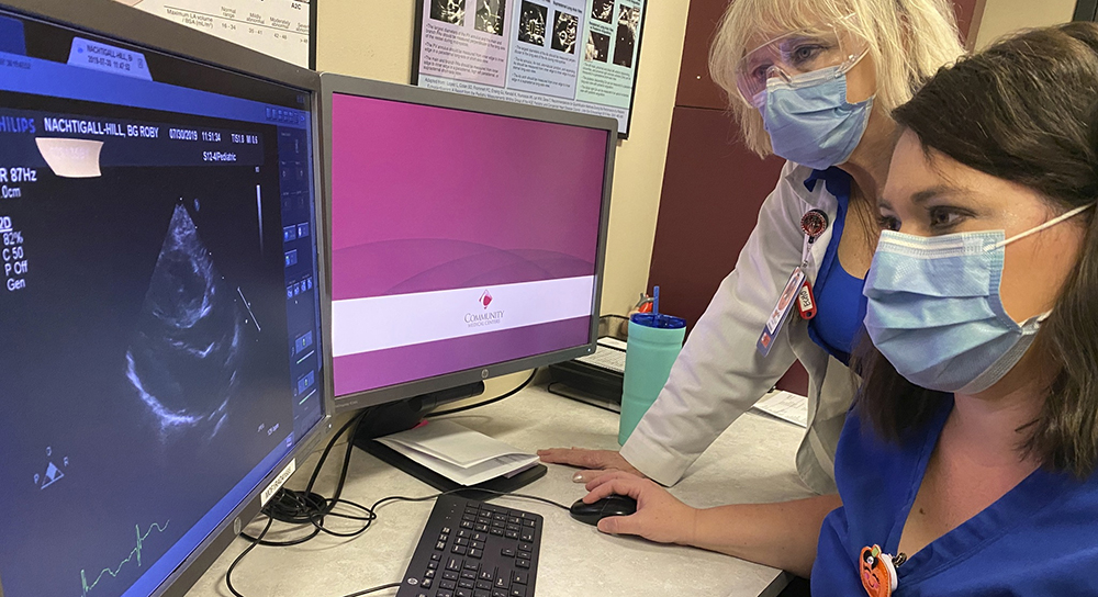 two medical professionals sitting at a computer looking at a sonograph