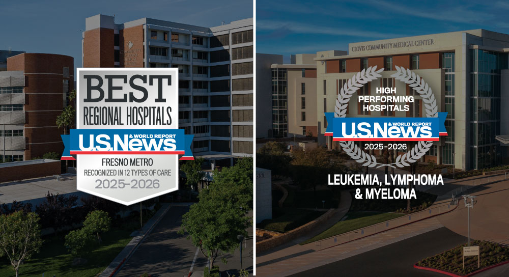 Split graphic. On left, an image of Community Regional hospital with a logo for "Best Regional Hospitals" U.S. News. On the right, an image of Clovis Community with a similar logo 