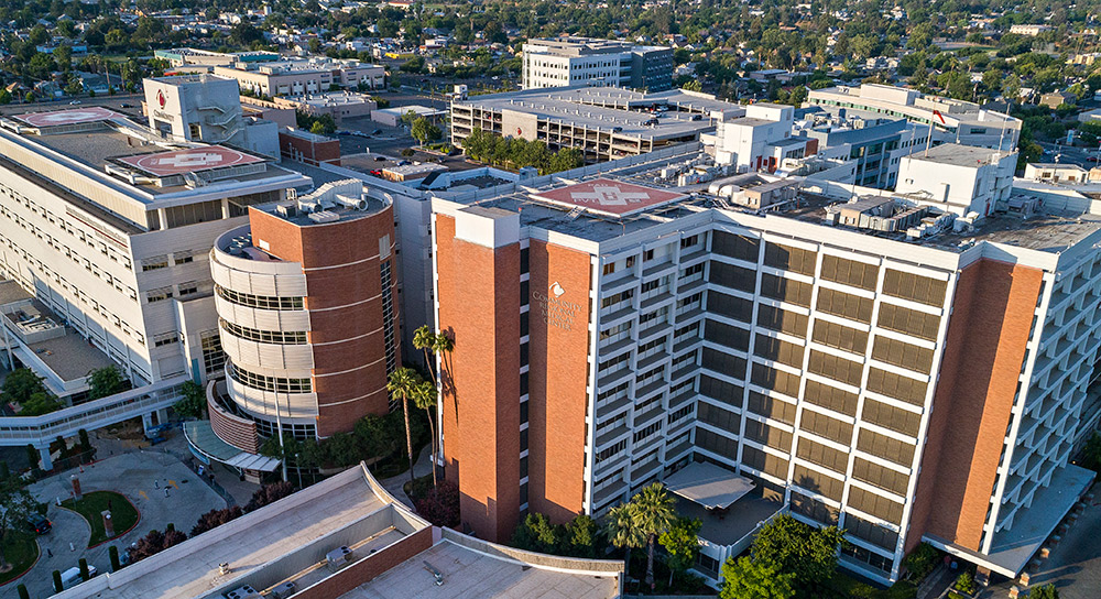 Exterior drone shot of Community Regional Medical Center 