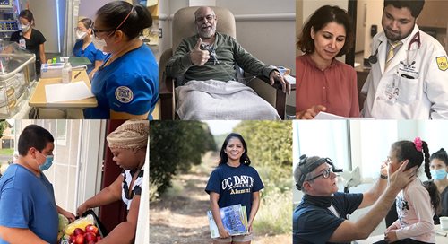 a collage of healthcare workers assisting community members in various ways