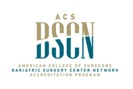 Gold and teal writing on white background reading, " ACS BSCN American College of Surgeons Bariatric Surgery Center Network Accreditation Program"