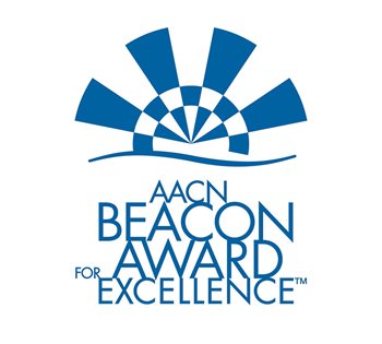 Blue graphic and text over white background. It reads "AACN Beacon Award for Excellence."