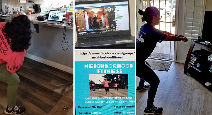 a collage showing three women in their separate homes participating in an online fitness class on their laptop computers