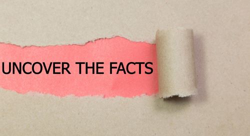 A brown piece of paper is ripped to the right side. Underneath in black writing on a salmon backgrounds reads, "Uncover the facts."