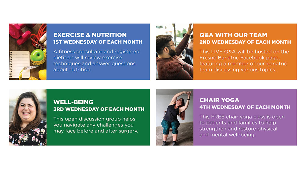 a four-box grid with text and photos of people doing chair yoga, raising their hand, and smilng