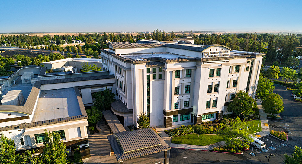 Exterior drone shot of the Fresno Heart and Surgical Hospital 
