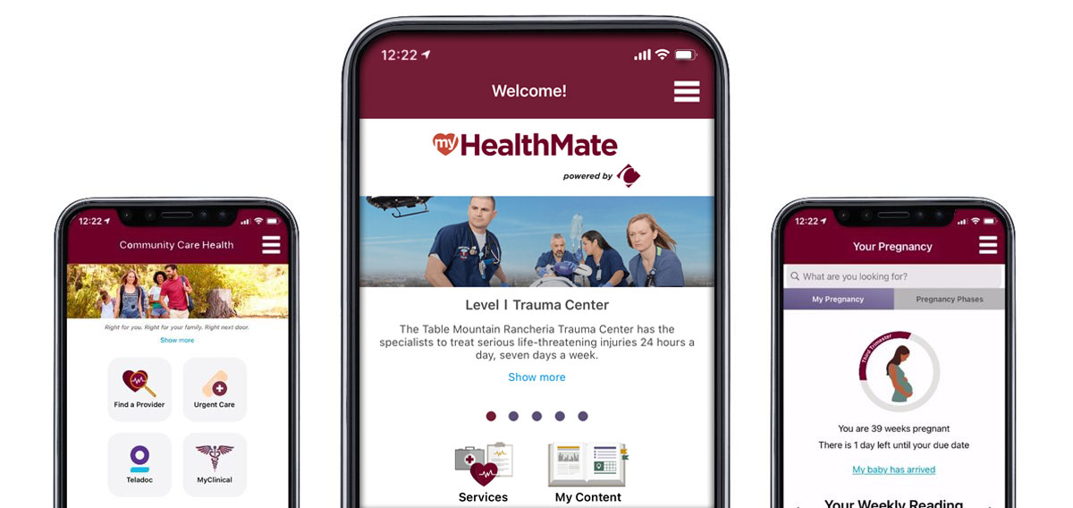 Three smartphone screens showing MyHealthMate graphics and copy
