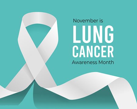 teal graphic with white text reading "November is Lung Cancer Awareness Month"